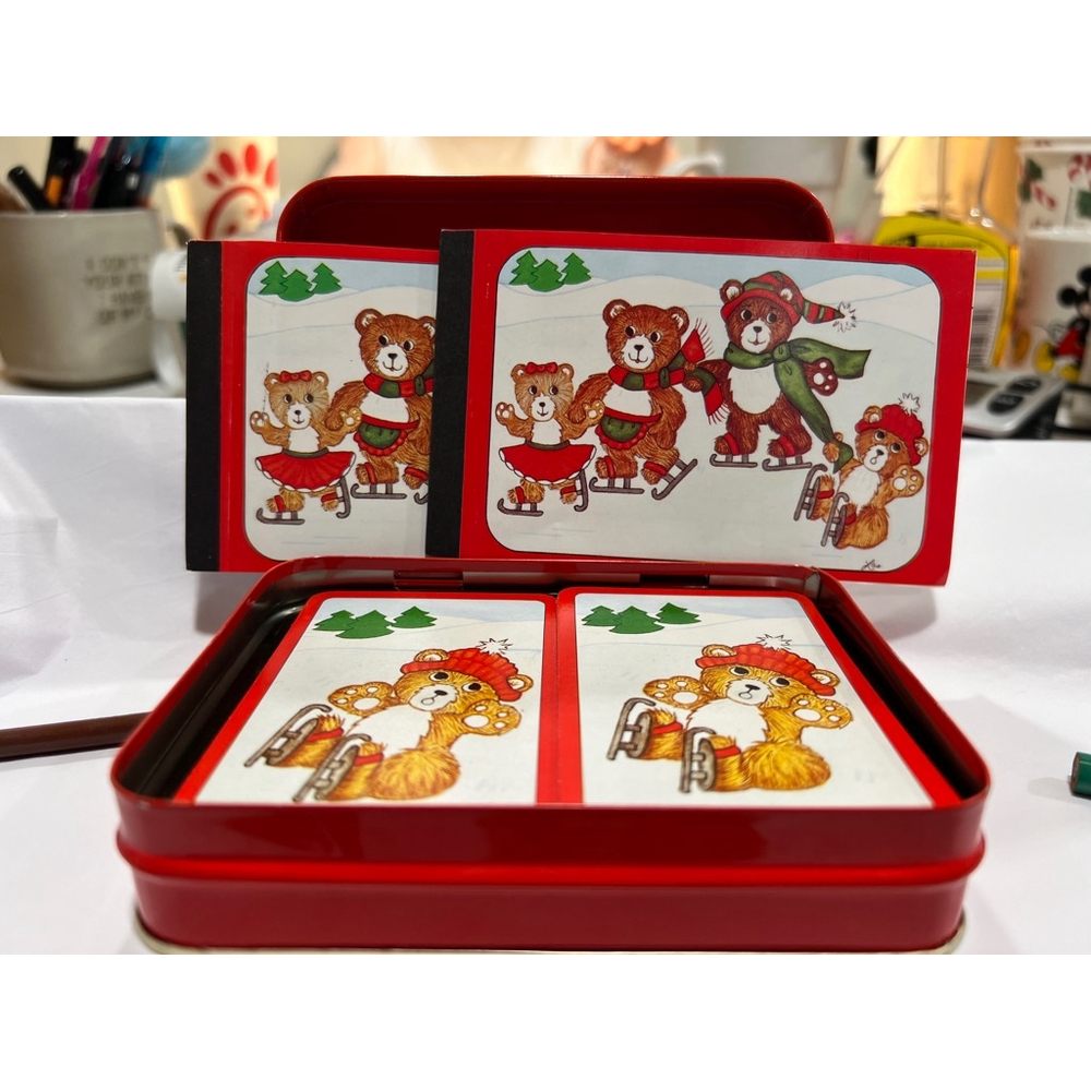 Vintage Teddy Bear Tin with 2 Decks of Cards & 2 Whist Score Sheet books 1986
